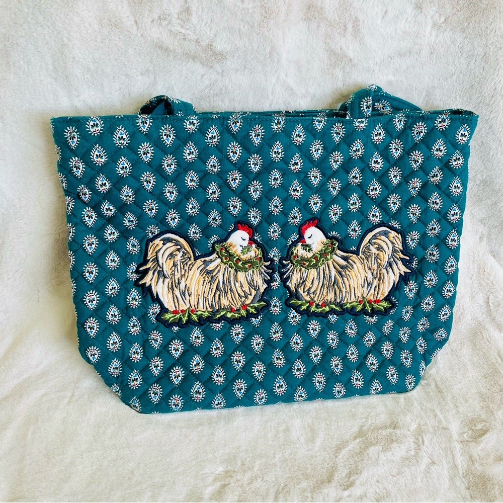 Vera Bradley French Hen Holiday Chicken Embroidered Teal Small Vera Tote Bag